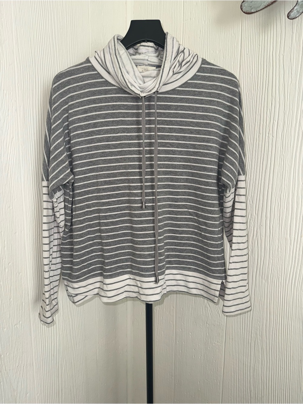 Cupio Gray and White Striped Cowl Neck Pullover